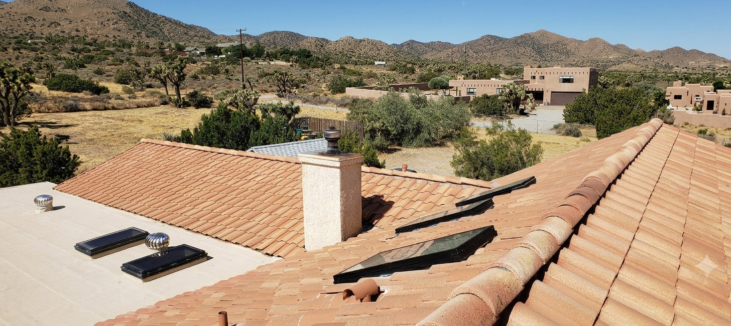 Roofworks professional roofing project overlooking the Morongo Basin, highlighting expert craftsmanship in clay tile and custom installations.
