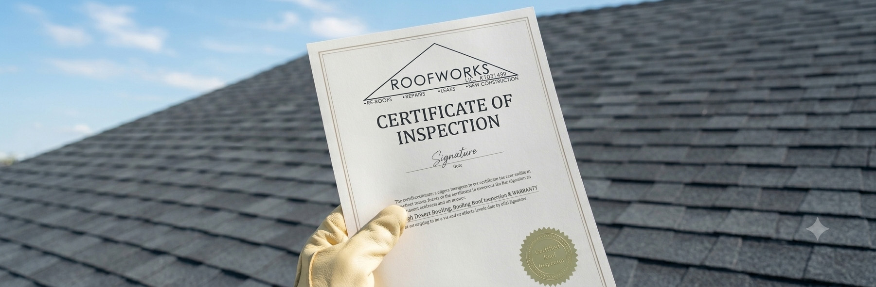Roofworks professional roof inspection certificate held against a shingle roof background, verifying quality and compliance.